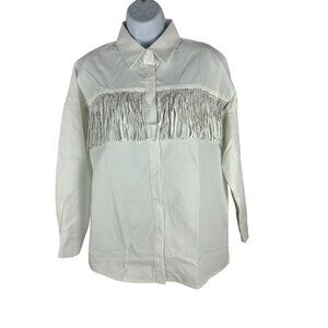 White Womens Button-Up Shirt With Fringe & Rhinestone Accents